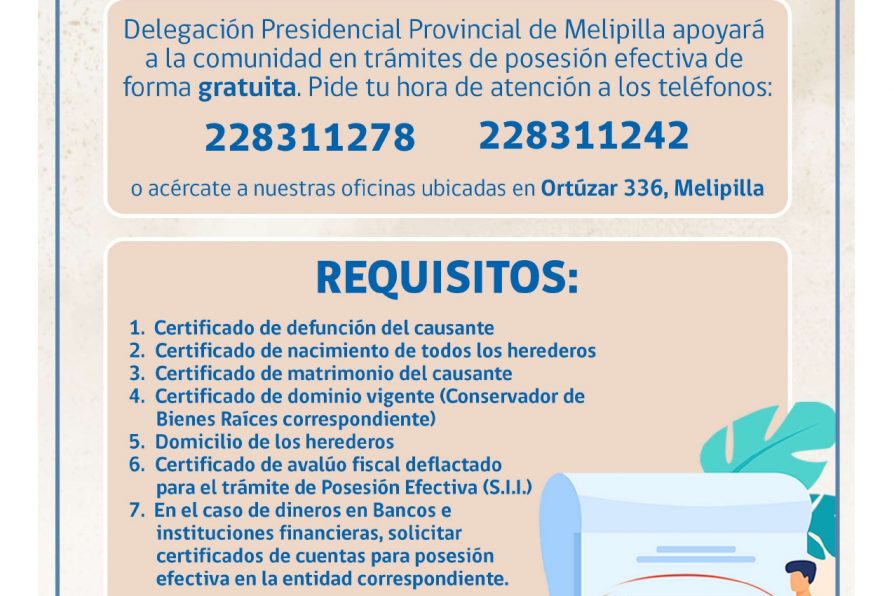 Delegación Provincial de Melipilla apoyará a vecinos y vecinas con trámite de posesión efectiva de forma gratuita