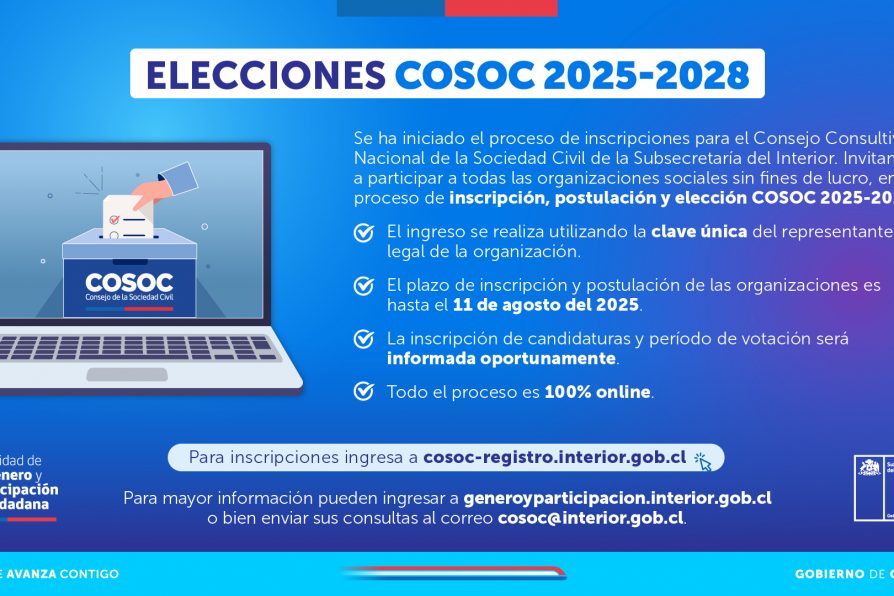 Invitan a organizaciones sociales de la provincia a participar del Proceso de elecciones del COSOC 2025-2028 de la Subsecretaría del Interior
